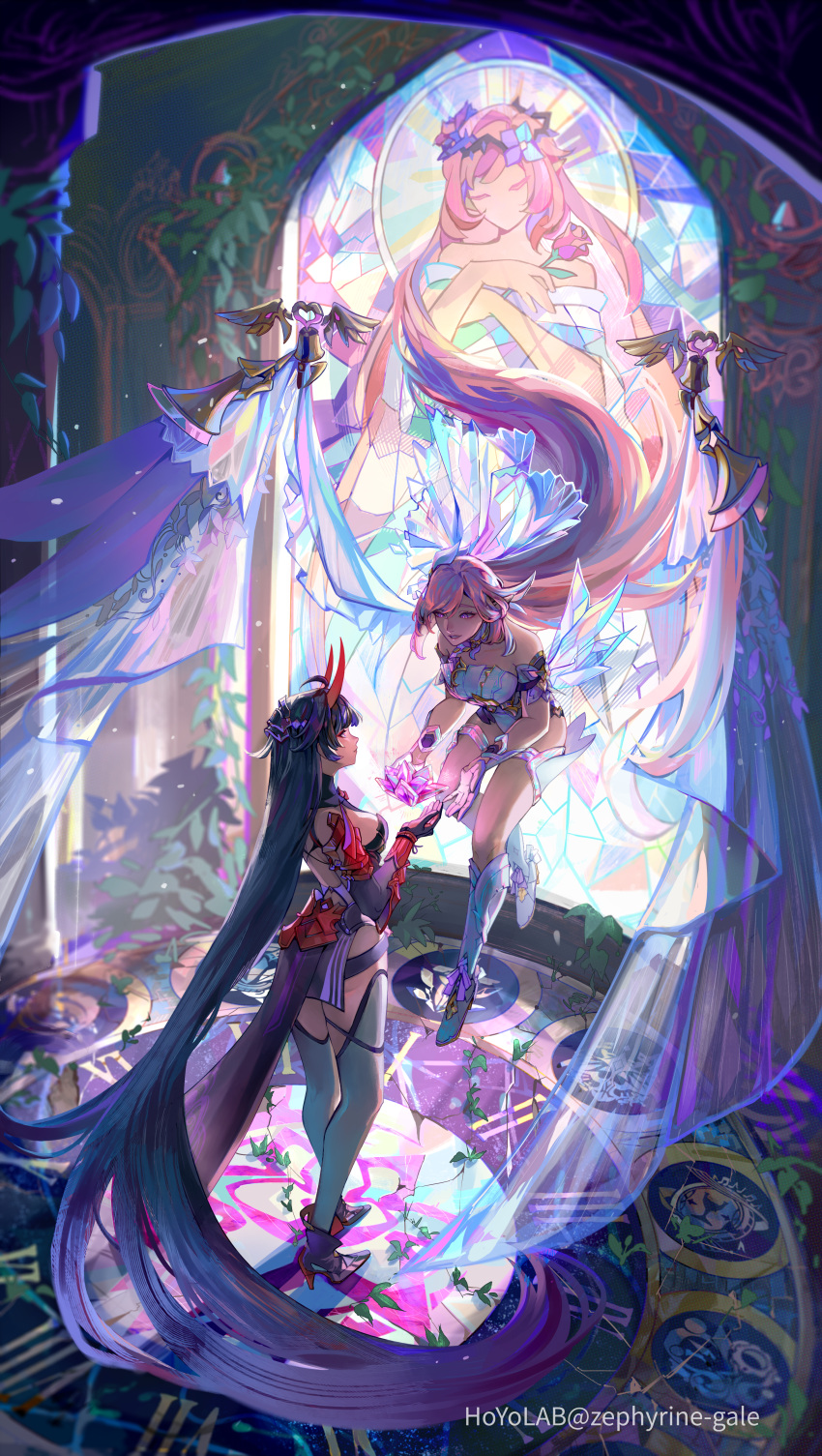 2girls absurdres armor artist_name bangs bell breasts crystal diamond-shaped_pupils diamond_(shape) elysia_(herrscher_of_human:ego) elysia_(honkai_impact) floating flower gloves hair_flower hair_ornament high_heels highres honkai_(series) honkai_impact_3rd horns long_hair looking_at_another multiple_girls pink_hair purple_hair raiden_mei raiden_mei_(herrscher_of_thunder) standing symbol-shaped_pupils thighhighs very_long_hair watermark zephyrine-gale