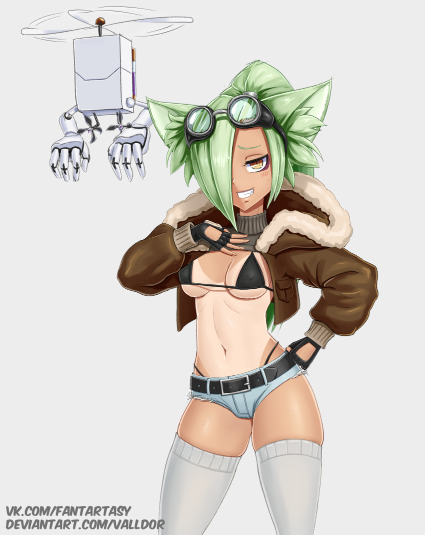 animal_ears artist_name belt black_belt black_gloves blush brown_eyes brown_jacket cat_ears commentary crop_top denim denim_shorts deviantart_username female fingerless_gloves gloves goggles goggles_on_head green_hair gremlin_(monster_girl_encyclopedia) grey_thighhighs hair_over_one_eye hand_on_own_chest hand_on_own_hip highres hood hood_down jacket long_hair long_sleeves looking_at_viewer monster_girl monster_girl_encyclopedia oerba_yun_fang parted_lips ponytail shorts smile solo tan tanlines teeth thighhighs valldor vkontakte_username watermark web_address