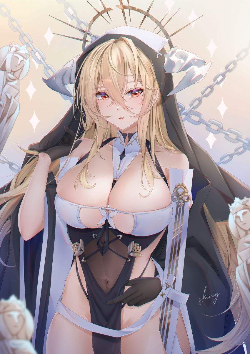 absurdres azur_lane black_gloves blonde_hair breast_cutout breasts chains cleavage covered_navel fake_horns female gloves habit hair_between_eyes half_gloves highres horns implacable_(azur_lane) large_breasts long_bangs long_hair looking_at_viewer nun orange_eyes pelvic_curtain revealing_clothes see-through sking solo statuette two-tone_dress veil very_long_hair white_horns