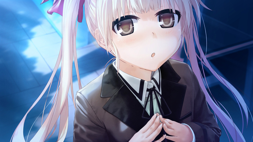 black_ribbon blonde_hair blunt_bangs bow brown_eyes collared_shirt female game_cg grey_jacket hairbow jacket kaizou_momo kurono_mitsuki long_hair long_sleeves neck_ribbon open_mouth re:lief_~shin'ai_naru_anata_e~ red_bow ribbon shirt solo twintails upper_body very_long_hair white_shirt wing_collar