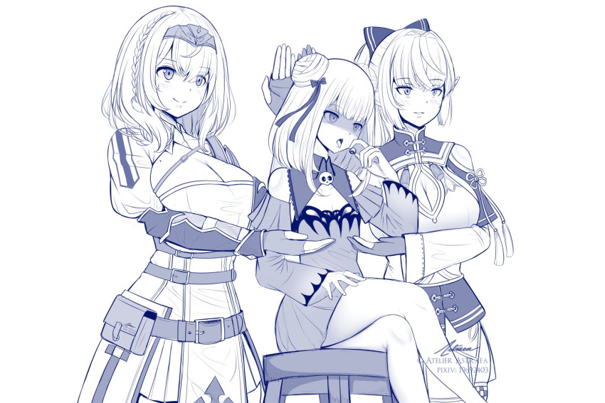 3girls artist_name astraea_(atelierastraea) belt bow braid breasts cleavage_cutout clothing_cutout commentary copyright_notice crossed_legs crown_braid detached_sleeves double_bun dress fingerless_gloves flat_chest gloves greyscale hair_bun hairbow hololive huge_breasts large_breasts medium_hair meme monochrome multiple_girls partially_fingerless_gloves pixiv_id ponytail pouch servants_holding_aphrodite's_breasts_(meme) shaded_face shiranui_flare shiranui_flare_(old_design) shirogane_noel shirogane_noel_(1st_costume) short_dress shuumatsu_no_valkyrie signature sitting stool uruha_rushia uruha_rushia_(1st_costume) vambraces virtual_youtuber