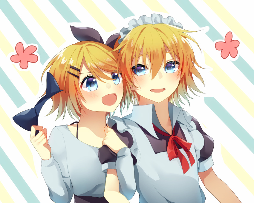 1boy :d alternate_costume apron arm_grab aryuma772 black_bow blonde_hair blue_eyes bow brother_and_sister collared_shirt commentary crossdressing diagonal_stripes enmaided female grey_shirt hair_between_eyes hairbow highres holding_hairband kagamine_len kagamine_rin maid maid_headdress neck_ribbon open_mouth red_ribbon ribbon shirt short_hair short_sleeves siblings smile striped sweatdrop vocaloid white_apron wing_collar