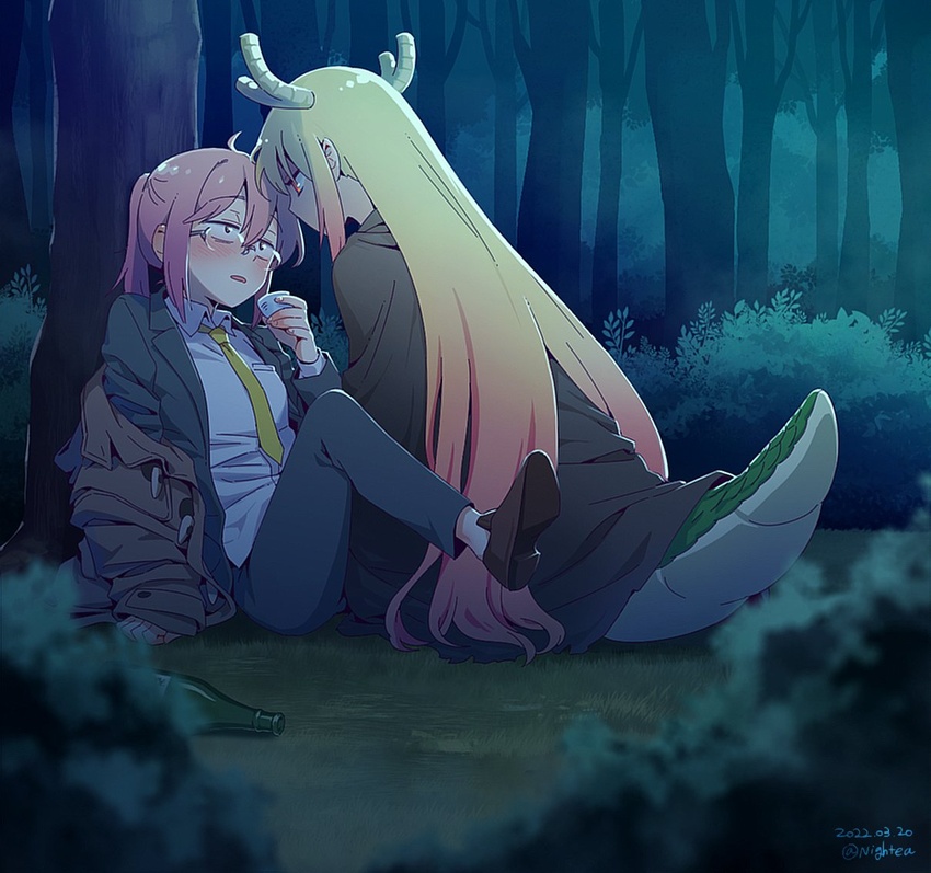 2girls androgynous blonde_hair blush brown_cloak brown_hair brown_jacket cloak collared_shirt commentary_request cup dated dragon_girl dragon_horns dragon_tail drunk eye_contact face-to-face forest formal holding holding_cup horns jacket kobayashi-san_chi_no_maidragon kobayashi_(maidragon) korean_commentary long_hair long_sleeves looking_at_another multiple_girls nature necktie nightea office_lady parted_lips ponytail red_eyes shirt sitting sleeves_past_wrists suit tail tohru_(maidragon) tree twitter_username yellow_necktie yuri