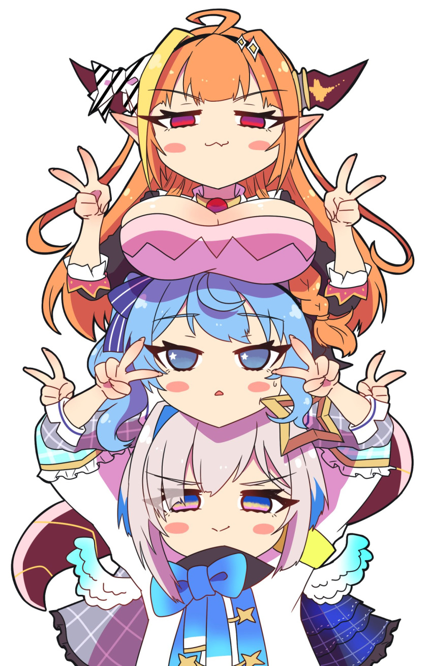 3girls :> :3 ahoge amane_kanata amane_kanata_(1st_costume) angel angel_wings arms_up bad_id bad_twitter_id black_bow black_hairband black_jacket blonde_hair blue_bow blue_bowtie blue_eyes blue_hair blue_ribbon blunt_bangs blush bow bowtie braid breast_rest breasts breasts_on_head brooch cleavage cleavage_cutout closed_mouth clothing_cutout collared_shirt colored_inner_hair commentary_request double_v doukyo's dragon_girl dragon_horns dragon_tail dress feathered_wings gem gradient_eyes grey_hair grey_jacket hair_ornament hairband halo head_rest highres hololive horn_bow horn_ornament horns hoshimachi_suisei hoshimachi_suisei_(1st_costume) human_tower jacket jewelry kiryu_coco kiryu_coco_(1st_costume) large_breasts long_hair long_sleeves looking_at_viewer multicolored_bow multicolored_eyes multicolored_hair multiple_girls neck_ribbon orange_hair plaid plaid_jacket pointy_ears purple_eyes red_eyes ribbon sakuramochi_(sakura_frappe) scales shirt short_hair side_ponytail simple_background single_braid sleeves_rolled_up smile smirk smug stacking star_(symbol) star_in_eye streaked_hair striped sweatdrop symbol_in_eye tail triangle_mouth turtleneck upper_body v virtual_youtuber white_background white_bow white_shirt wings