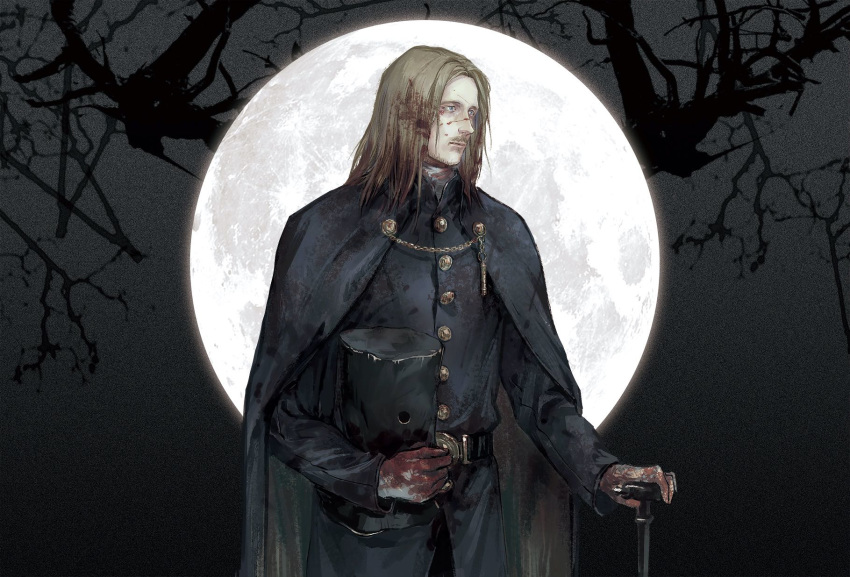 1boy beard belt blonde_hair blood blood_in_hair blood_on_clothes blood_on_face blood_stain bloodborne blue_eyes branch bucket cane cape chains cloak coat facial_hair gloves helmet highres holding long_hair long_sleeves looking_to_the_side male_focus moon moustache outdoors pilgrim_(silentreverie) shirt solo standing unworn_headwear unworn_helmet valtr_(bloodborne)