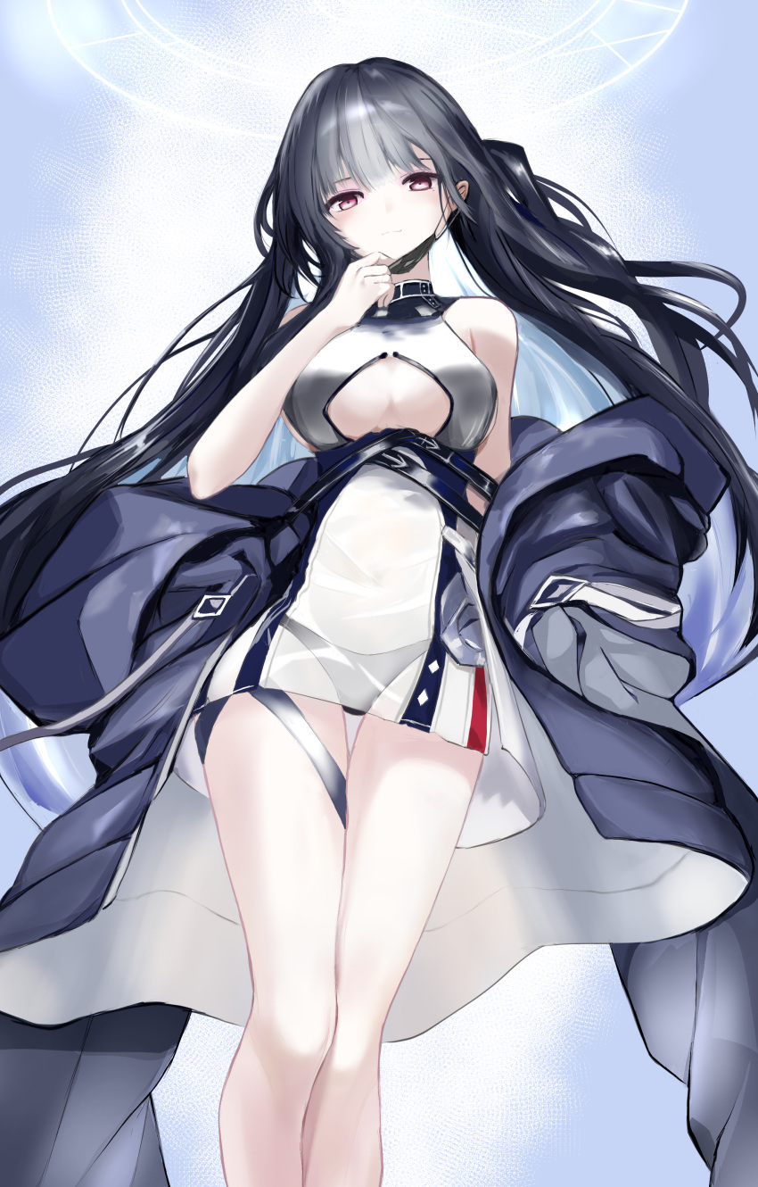 absurdres azur_lane bare_shoulders black_coat black_hair black_mask black_panties breasts closed_mouth clothing_cutout coat dress female highres large_breasts long_hair looking_at_viewer mask mask_pull mouth_mask noshibukuro off_shoulder one_side_up panties red_eyes see-through see-through_dress short_dress solo underboob underboob_cutout underwear west_virginia_(azur_lane) west_virginia_(retrofit)_(azur_lane)