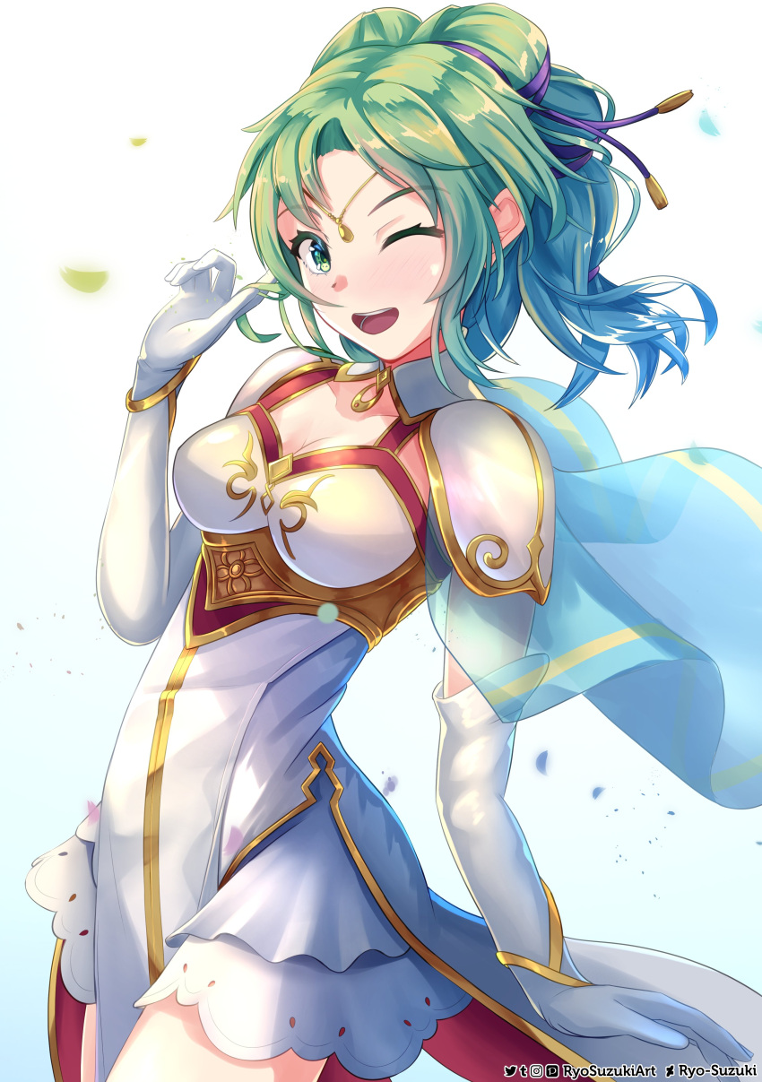 absurdres armor blue_capelet breastplate breasts capelet circlet cleavage dress english_commentary female fire_emblem fire_emblem:_the_sacred_stones green_eyes green_hair hair_tie highres l'arachel_(fire_emblem) looking_at_viewer mixed-language_commentary one_eye_closed open_mouth ryo-suzuki shoulder_armor small_breasts smile solo teeth twirling_hair watermark white_background white_dress