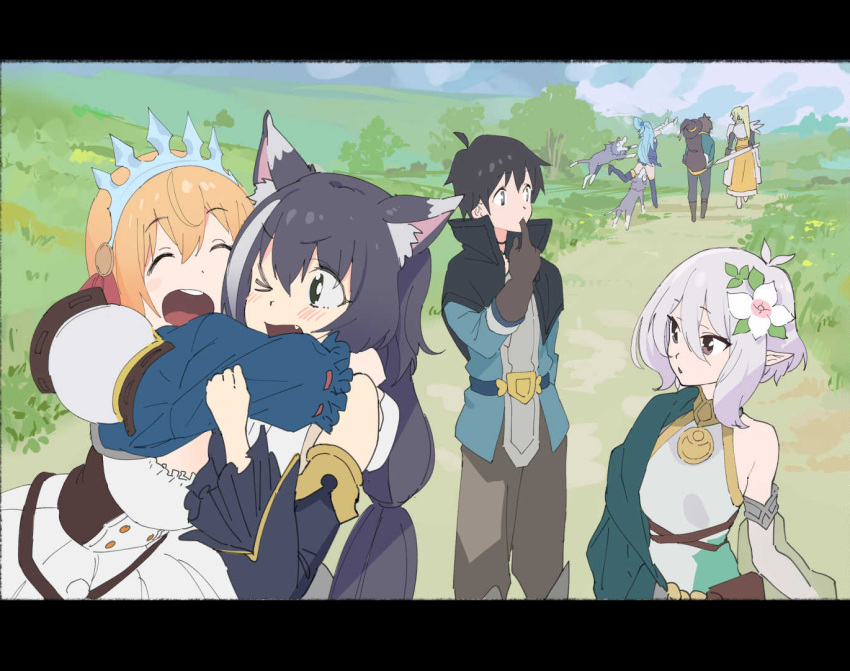 ahoge animal_ear_fluff animal_ears antenna_hair aqua_(konosuba) arm_around_neck bare_shoulders belt black_hair blonde_hair blue_belt blue_eyes blue_hair blush braid breasts brown_gloves cape cat_ears cat_girl cat_tail cleavage closed_eyes commentary creator_connection crossover darkness_(konosuba) detached_sleeves elf finger_in_own_mouth flower frills gloves green_eyes grey_hair hair_between_eyes hair_flower hair_ornament hat high_collar high_heels jpeg_artifacts karyl_(princess_connect!) kitou_sakeru kokkoro_(princess_connect!) kono_subarashii_sekai_ni_shukufuku_wo! large_breasts long_hair looking_at_another looking_to_the_side low_twintails megumin multicolored_hair multiple_girls oerba_yun_fang one_eye_closed open_mouth orange_hair outdoors path pecorine_(princess_connect!) pointy_ears princess_connect! satou_kazuma short_hair short_sleeves single_braid sleeveless small_breasts standing streaked_hair tail thighhighs tiara twintails very_long_hair white_hair wide_sleeves witch_hat wolf yuuki_(princess_connect!)