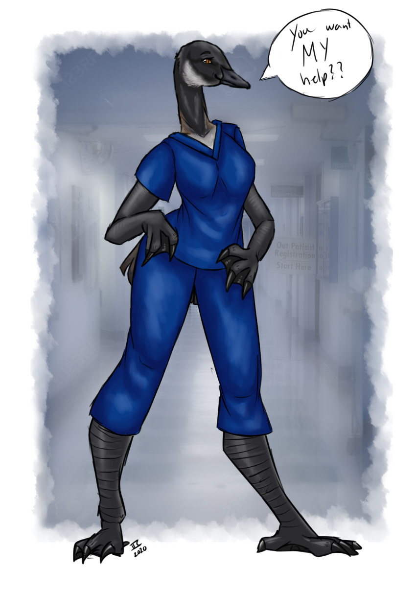 2020 absurd_res anatid anseriform anserinae anthro avian beak bird black_beak black_claws canada_goose claws clothed clothing dialogue english_text feet female goose hands_on_hips hi_res looking_at_viewer membrane_(anatomy) nurse sam_(nedhorseman) smile smirk solo standing tabascocat talking_to_viewer text toes uniform webbed_feet webbed_hands wide_hips