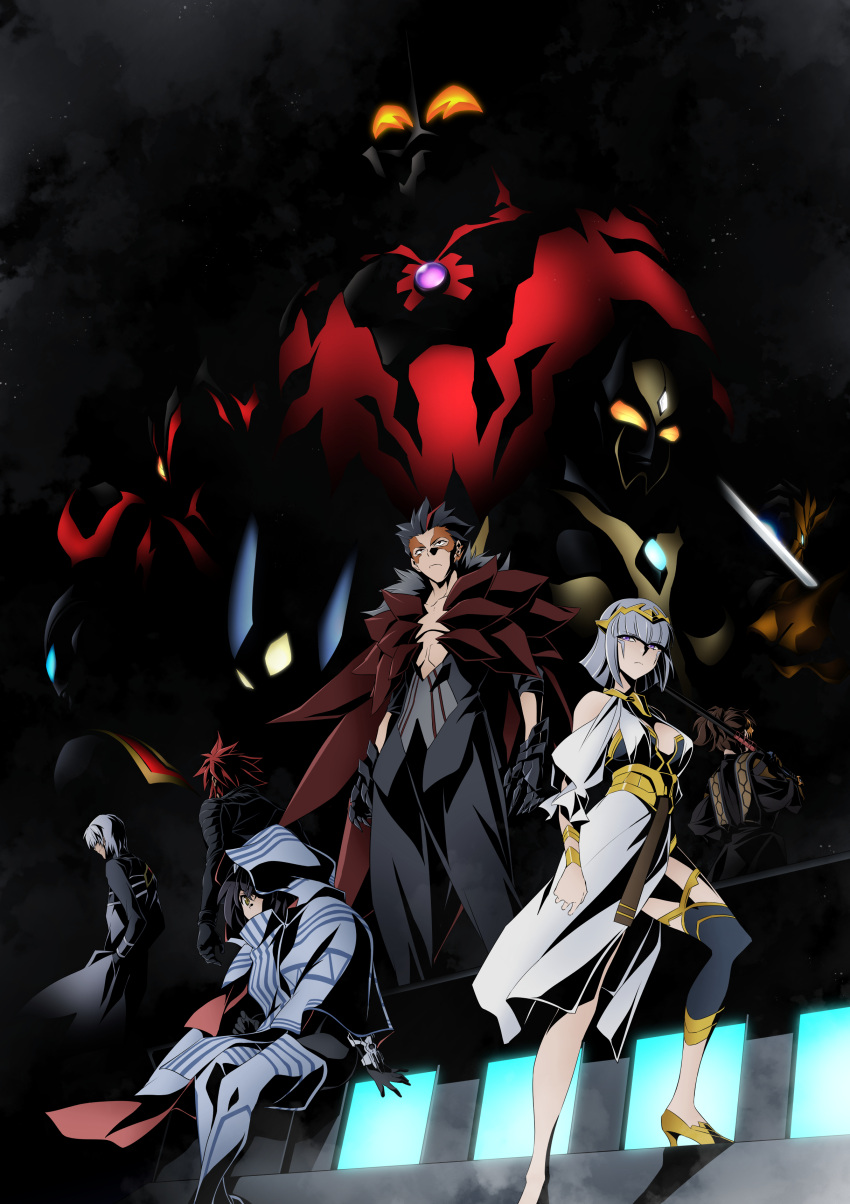 2girls 4boys absurdres alien arm_blade arm_scarf black_bodysuit black_cape black_hair blue_eyes bodysuit brown_hair camearra cape capelet claws color_timer creature dai-kaijuu_battle_ultra_ginga_densetsu_the_movie dark_zagi darkness_heels darkness_heels_lili evil_tiga facial_mark facial_tattoo fingerless_gloves fingernails formal gauntlets gloves glowing glowing_eyes gradient_eyes green_eyes grey_suit highres holding holding_sword holding_weapon horns humanization jugglus_juggler katana kneehighs leg_warmers lili_(darkness_heels) long_fingernails multicolored_bodysuit multicolored_clothes multicolored_eyes multiple_boys multiple_girls muscular official_art orange_eyes red_eyes red_hair scar shoulder_blades single_horn single_kneehigh single_sock socks suit sword tattoo tokusatsu tsunashima_shirou ultra_series ultraman_belial ultraman_geed_(series) ultraman_orb_(series) ultraman_tiga_(series) weapon white_hair yellow_eyes