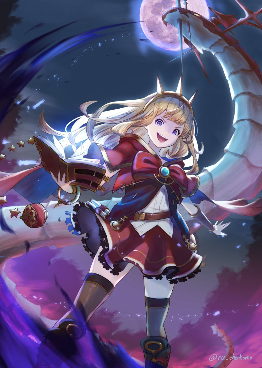 black_footwear black_thighhighs blonde_hair book boots bracer cagliostro_(granblue_fantasy) cape crown dragon female full_moon granblue_fantasy hairband highres holding holding_book long_hair looking_at_viewer moon night night_sky open_mouth ouroboros_(granblue_fantasy) purple_eyes red_skirt ru_chochocho skindentation skirt sky smile solo spiked_hairband spikes thighhighs tiara