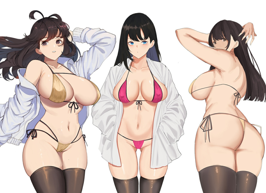 3girls armpits ass ass_visible_through_thighs back bad_id bad_pixiv_id bikini black_hair black_legwear blue_eyes breasts brown_eyes brown_hair cameltoe cleavage covered_nipples gongba_laoge grin hands_in_pockets jacket long_hair multiple_girls navel off_shoulder original pink_bikini simple_background smile swimsuit thighhighs white_background yellow_bikini