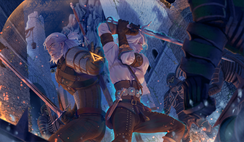 5boys armor beard belt brown_gloves castle ciri commentary dagger english_commentary facial_hair female fighting fighting_stance full_armor geralt_of_rivia gloves helmet highres holding holding_sword holding_weapon jewelry knife leather leather_gloves leather_pants lips looking_away looking_to_the_side magic multiple_boys open_mouth pants parted_lips ponytail scar scar_across_eye scar_on_face scar_on_forehead sheath sheathed shirt short_ponytail standing sword sword_behind_back teeth the_witcher_(series) weapon white_hair white_shirt whoareuu witcher_medallion yellow_eyes