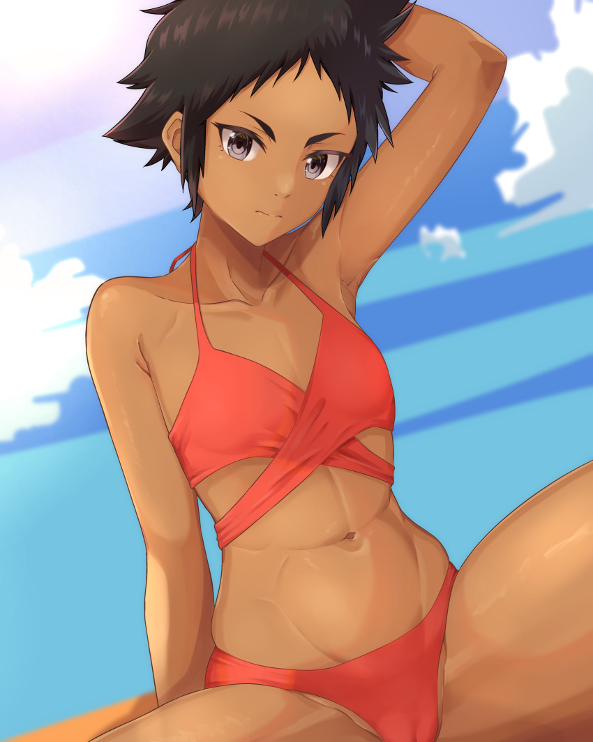 abigail_jones absurdres aowa_(dakahi1009) arm_support arm_up bikini black_hair blue_sky breasts closed_mouth cloud cloudy_sky collarbone commentary_request dark-skinned_female dark_skin female great_pretender highres looking_at_viewer medium_breasts navel orange_bikini outdoors short_hair simple_background sky solo swimsuit thighs toned