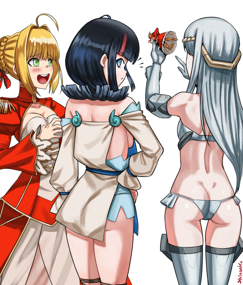 3girls ahoge ass back bare_shoulders bikini black_hair blonde_hair blue_eyes blue_ribbon blush braid breasts circlet cleavage cleavage_cutout clothing_cutout dress elbow_gloves epaulettes fate/extra fate/grand_order fate/requiem fate_(series) figure french_braid fundoshi galatea_(fate) gloves green_eyes grey_bikini grey_gloves grey_thighhighs hair_bun hair_intakes hair_ribbon highres japanese_clothes joints juliet_sleeves large_breasts long_hair long_sleeves looking_at_viewer looking_back looking_to_the_side magatama medium_breasts medium_hair multicolored_hair multiple_girls nero_claudius_(fate) nero_claudius_(fate/extra) open_mouth pale_skin pelvic_curtain pink_hair puffy_long_sleeves puffy_sleeves red_dress red_ribbon ribbon robot_joints shinsaku_(stan-art) short_dress sideboob sideless_outfit sidelocks small_breasts smile streaked_hair swimsuit thighhighs thighs utsumi_erice white_dress white_hair