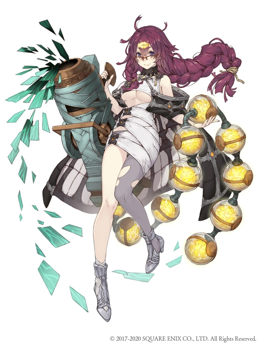 ahoge bare_shoulders blue_eyes braid breasts canister cannon coat dorothy_(sinoalice) female full_body glasses highres ji_no large_breasts long_hair looking_at_viewer messy_hair off_shoulder official_art over-rim_eyewear purple_hair semi-rimless_eyewear single_leg_pantyhose sinoalice smile solo square_enix torn_clothes torn_legwear underboob white_background