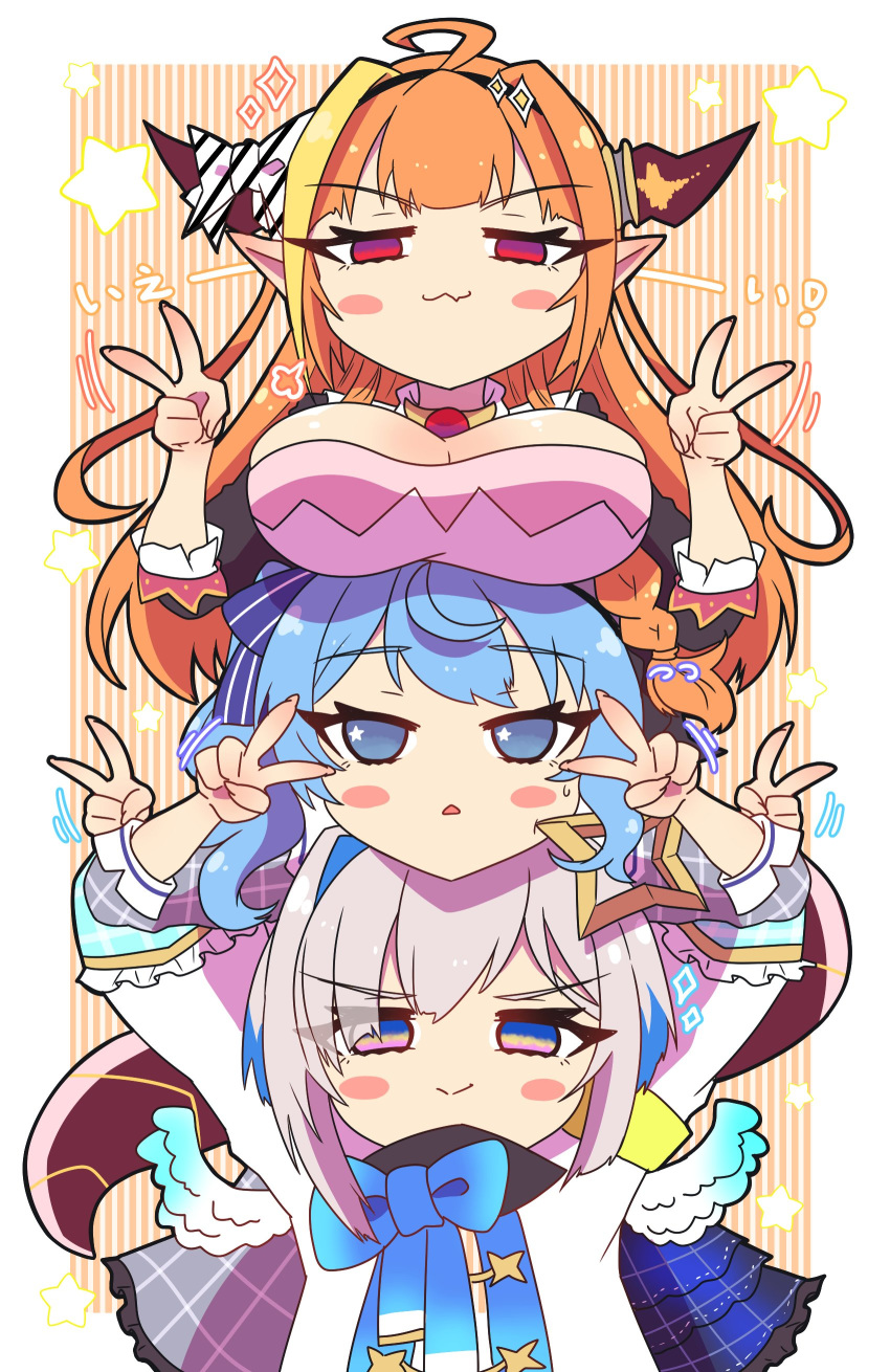 3girls :> :3 absurdres ahoge amane_kanata amane_kanata_(1st_costume) angel angel_wings arms_up black_bow black_hairband black_jacket blonde_hair blue_bow blue_bowtie blue_eyes blue_hair blue_ribbon blunt_bangs blush bow bowtie braid breast_rest breasts breasts_on_head brooch cleavage cleavage_cutout closed_mouth clothing_cutout collared_shirt colored_inner_hair commentary_request double_v doukyo's dragon_girl dragon_horns dragon_tail dress feathered_wings gem gradient_eyes grey_hair grey_jacket hair_ornament hairband halo head_rest highres hololive horn_bow horn_ornament horns hoshimachi_suisei hoshimachi_suisei_(1st_costume) human_tower jacket jewelry kiryu_coco kiryu_coco_(1st_costume) large_breasts long_hair long_sleeves looking_at_viewer motion_lines multicolored_bow multicolored_eyes multicolored_hair multiple_girls neck_ribbon orange_hair plaid plaid_jacket pointy_ears puff_of_air purple_eyes red_eyes ribbon sakuramochi_(sakura_frappe) scales shirt short_hair side_ponytail single_braid sleeves_rolled_up smile smirk smug stacking star_(symbol) star_in_eye streaked_hair striped striped_background sweatdrop symbol_in_eye tail triangle_mouth turtleneck upper_body v virtual_youtuber white_bow white_shirt wings