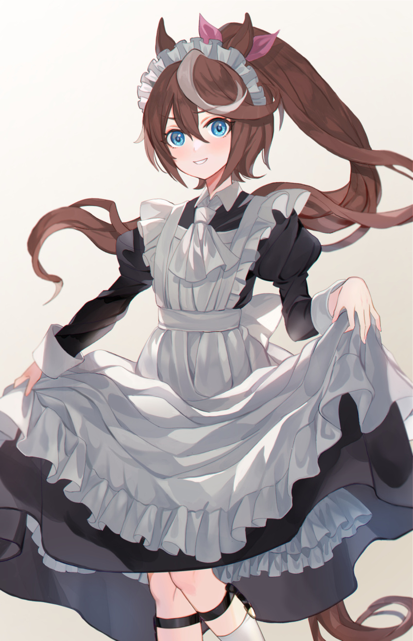 alternate_costume animal_ears apron ascot black_dress blue_eyes brown_hair dress enmaided female flat_chest grin hair_between_eyes highres horse_ears horse_girl horse_tail juliet_sleeves long_hair long_sleeves maid maid_apron maid_headdress multicolored_hair ponytail puffy_sleeves simple_background skirt_hold smile socks solo standing streaked_hair tail teeth tokai_teio_(umamusume) two-tone_hair umamusume white_ascot white_background white_hair white_socks yoshida_(ne)