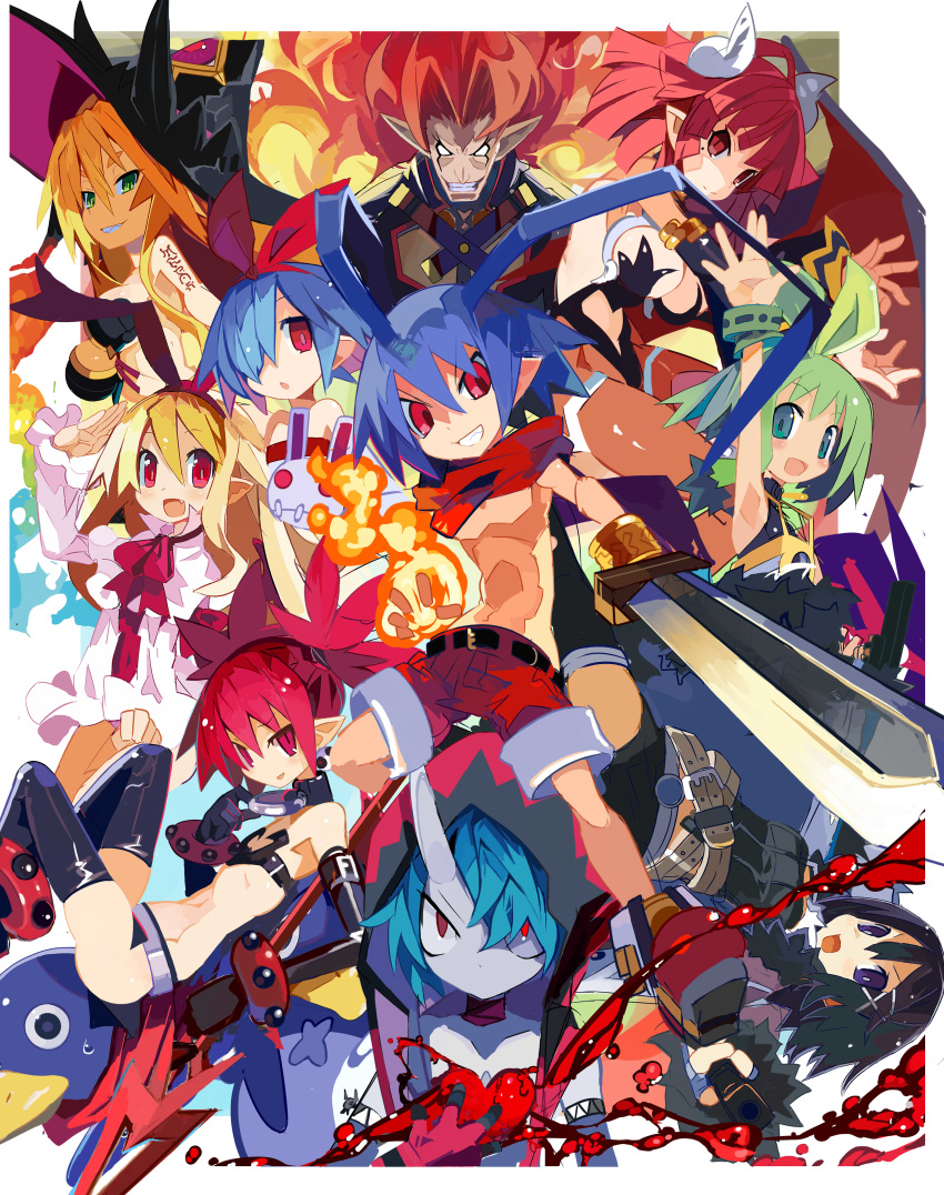 3boys 6+girls absurdres ahoge asagiri_asagi blonde_hair blue_hair boots choker demon_boy demon_girl demon_tail demon_wings disgaea double_v earrings etna_(disgaea) fallen_angel flat_chest flonne flonne_(fallen_angel) green_eyes hat highres horns jewelry la_pucelle laharl long_hair majo_to_hyakkihei makai_senki_disgaea makai_senki_disgaea_6 maou_prier marona_(phantom_brave) medium_hair metallica_(majo_to_hyakkihei) miyakawa106 multiple_boys multiple_girls phantom_brave phantom_kingdom pleinair pointy_ears prier prinny red_eyes red_hair short_shorts shorts sidelocks skull_earrings slit_pupils smile tail thigh_boots thighhighs twintails v wings witch_hat zed_(disgaea) zetta_(phantom_kingdom) zettai_ryouiki zombie