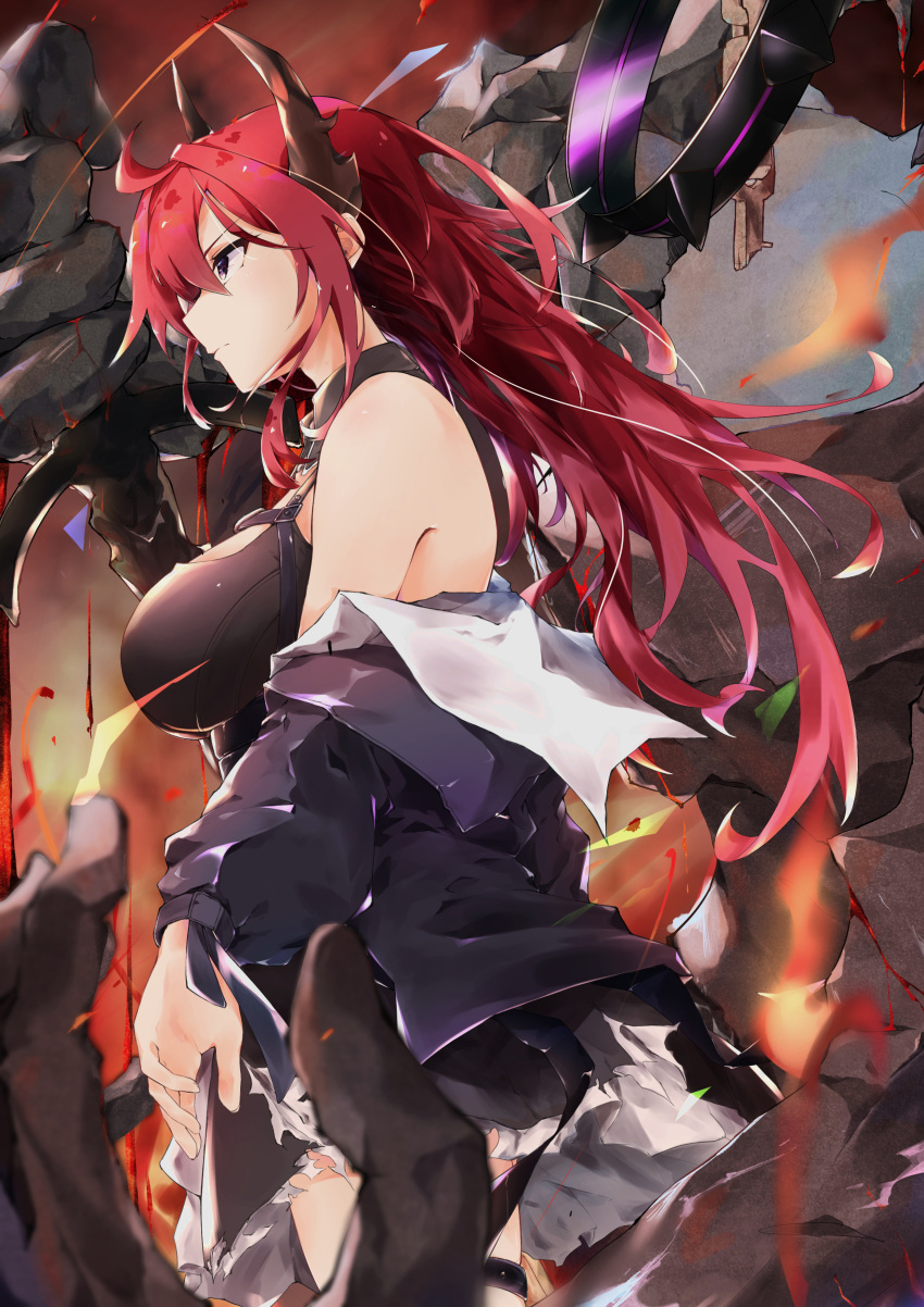 absurdres arknights breasts chest_strap demon_girl demon_horns female from_side highres horns large_breasts lava red_hair slit_pupils solo surtr's_golem_(arknights) surtr_(arknights) tamazon