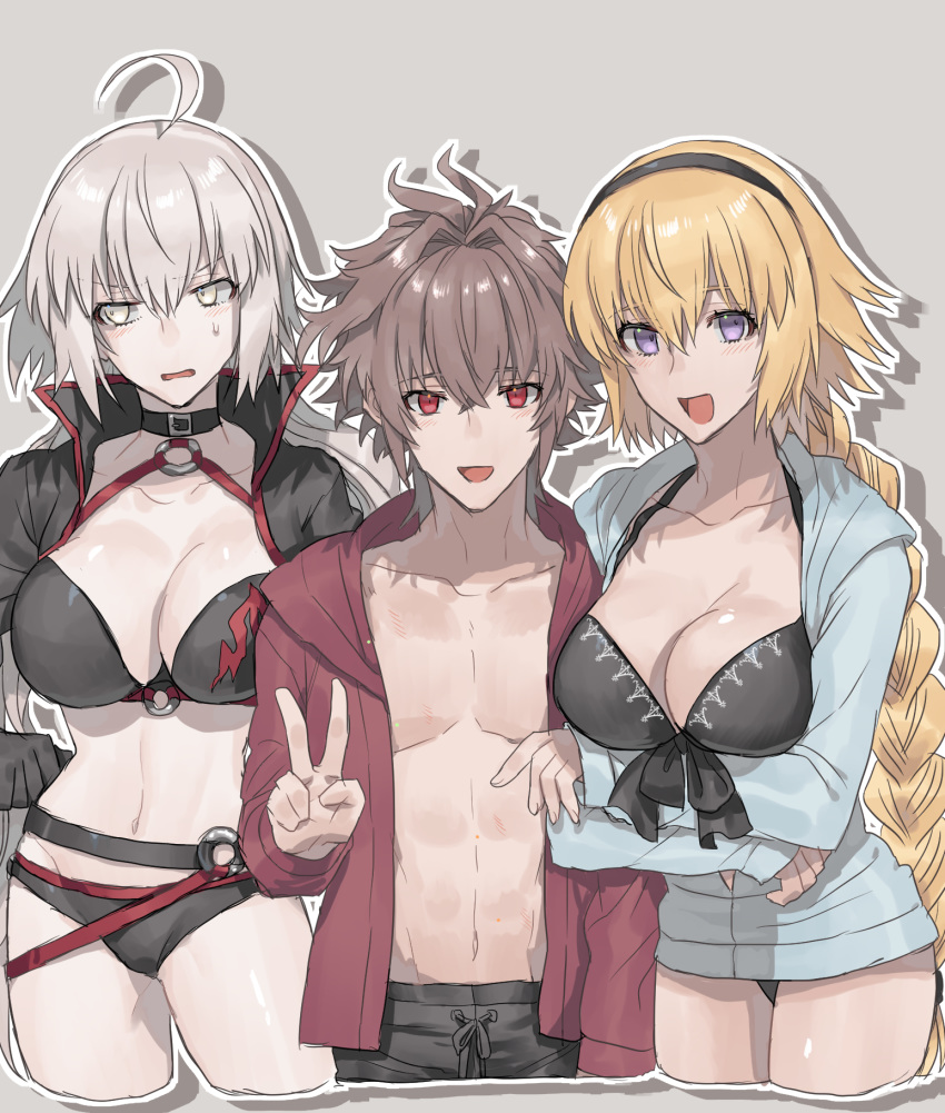 1boy 2girls blonde_hair braid braided_ponytail breasts brown_hair choker fate/apocrypha fate/grand_order fate_(series) grey_hair hairband highres jacket jeanne_d'arc_(fate) jeanne_d'arc_(swimsuit_archer)_(fate) jeanne_d'arc_(swimsuit_archer)_(first_ascension)_(fate) jeanne_d'arc_alter_(fate) jeanne_d'arc_alter_(swimsuit_berserker)_(fate) large_breasts long_hair multiple_girls none_(kameko227) purple_eyes red_eyes short_hair sieg_(fate) single_braid sweat swimsuit v