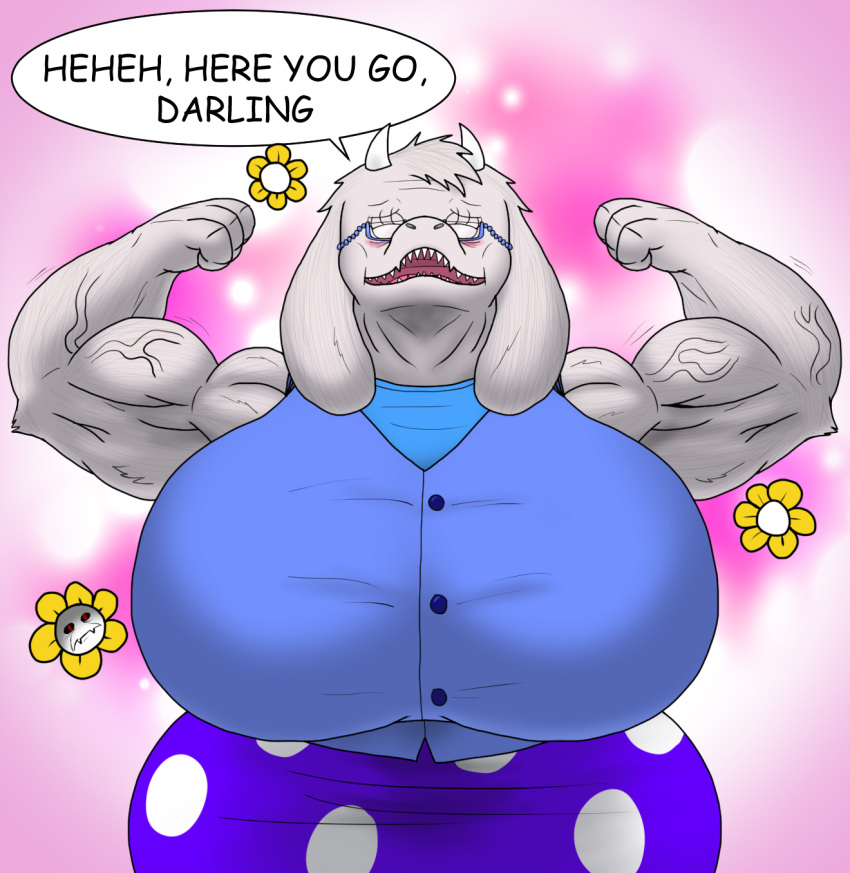 age_difference alythewolfcat anthro big_breasts boss_monster_(undertale) bovid breasts caprine clothed clothing english_text eyewear female flexing flower flowey_the_flower glasses goat hi_res huge_breasts mammal muscular muscular_female older_female plant solo text toriel undertale undertale_(series) wearing_glasses wide_hips