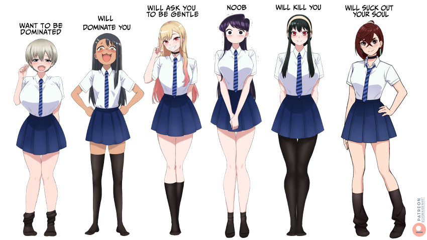 6+girls absurdres ayase_momo black_hair breasts brown_eyes brown_hair choker commentary crossed_bangs crossover dandadan dismaiden earrings english_commentary english_text full_body hair_between_eyes hairband height_difference highres huge_breasts ijiranaide_nagatoro-san jewelry kitagawa_marin komi-san_wa_komyushou_desu komi_shouko large_breasts legs long_hair looking_at_viewer meme multiple_crossover multiple_girls nagatoro_hayase no_legwear pantyhose red_eyes school_uniform short_hair signature simple_background small_breasts sono_bisque_doll_wa_koi_wo_suru spy_x_family standing tan thigh_gap thighhighs thighs uzaki-chan_wa_asobitai! uzaki_hana v wants_to_be_dominated_(meme) watermark white_background yor_briar