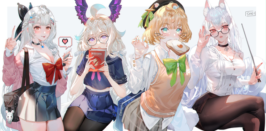 4girls :< :p absurdres adjusting_eyewear ahoge animal_ear_fluff animal_ears aqua_eyes aqua_nails artist_name bag beads beret black_choker black_pantyhose blonde_hair blush bow braid bread bread_slice breasts cardigan choker claw_pose cleavage enna_alouette ethyria facial_mark flower food food_in_mouth fox_ears fox_tail fried_egg fried_egg_on_toast glasses grey_hair hair_beads hair_between_eyes hair_flower hair_ornament hairbow hat head_wings heart highres holding holding_pointer large_breasts long_hair looking_at_viewer low_twintails medium_hair millie_parfait mouth_hold multiple_girls multiple_tails nijisanji nijisanji_en nina_kosaka pantyhose parted_lips pink_cardigan plaid_clothes plaid_skirt pleated_skirt pointer poppi_(reimu_endou) purple_eyes red_eyes red_nails reimu_endou school_bag school_uniform shei99 sitting skirt small_breasts sweater_vest tail teacher toast toast_in_mouth tongue tongue_out twintails v very_long_hair virtual_youtuber white_hair wings