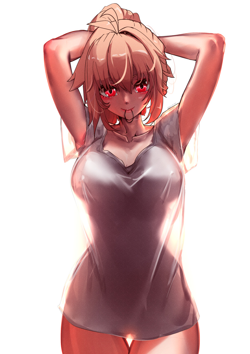 absurdres ahoge arcueid_brunestud arms_up blonde_hair breasts closed_mouth collarbone female fukou hair_ornament hair_scrunchie hair_tie_in_mouth highres large_breasts looking_at_viewer melty_blood mouth_hold red_eyes scrunchie see-through_clothes see-through_silhouette short_hair solo tsukihime white_background