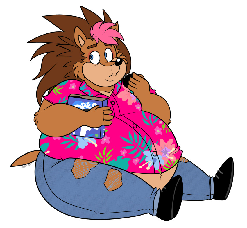 2021 5_fingers alpha_channel anthro beastofeuthanasia belly big_belly black_clothing black_footwear black_nose black_shoes blue_bottomwear blue_clothing blue_eyes blue_pants bottomwear box brown_body brown_eyebrows brown_fur brown_hair brown_tail button_(fastener) cheek_tuft chubby_cheeks clothed clothed_anthro clothed_male clothing container cookie denim denim_bottomwear denim_clothing digital_drawing_(artwork) digital_media_(artwork) double_chin eating eating_food english_description eulipotyphlan eyebrows facial_tuft fingers flat_colors food footwear fur hair hedgehog hi_res highlights_(coloring) holding_box holding_container holding_cookie holding_food holding_object jamie_"snuffles"_dragunov jeans long_hair male mammal multicolored_body multicolored_fur obese obese_anthro obese_male oreo_cookie overweight overweight_anthro overweight_male pants pink_dress_shirt pink_highlights sad simple_background solo somali_hedgehog tail thick_thighs torn_bottomwear torn_clothing torn_pants transparent_background tuft two_tone_body two_tone_fur