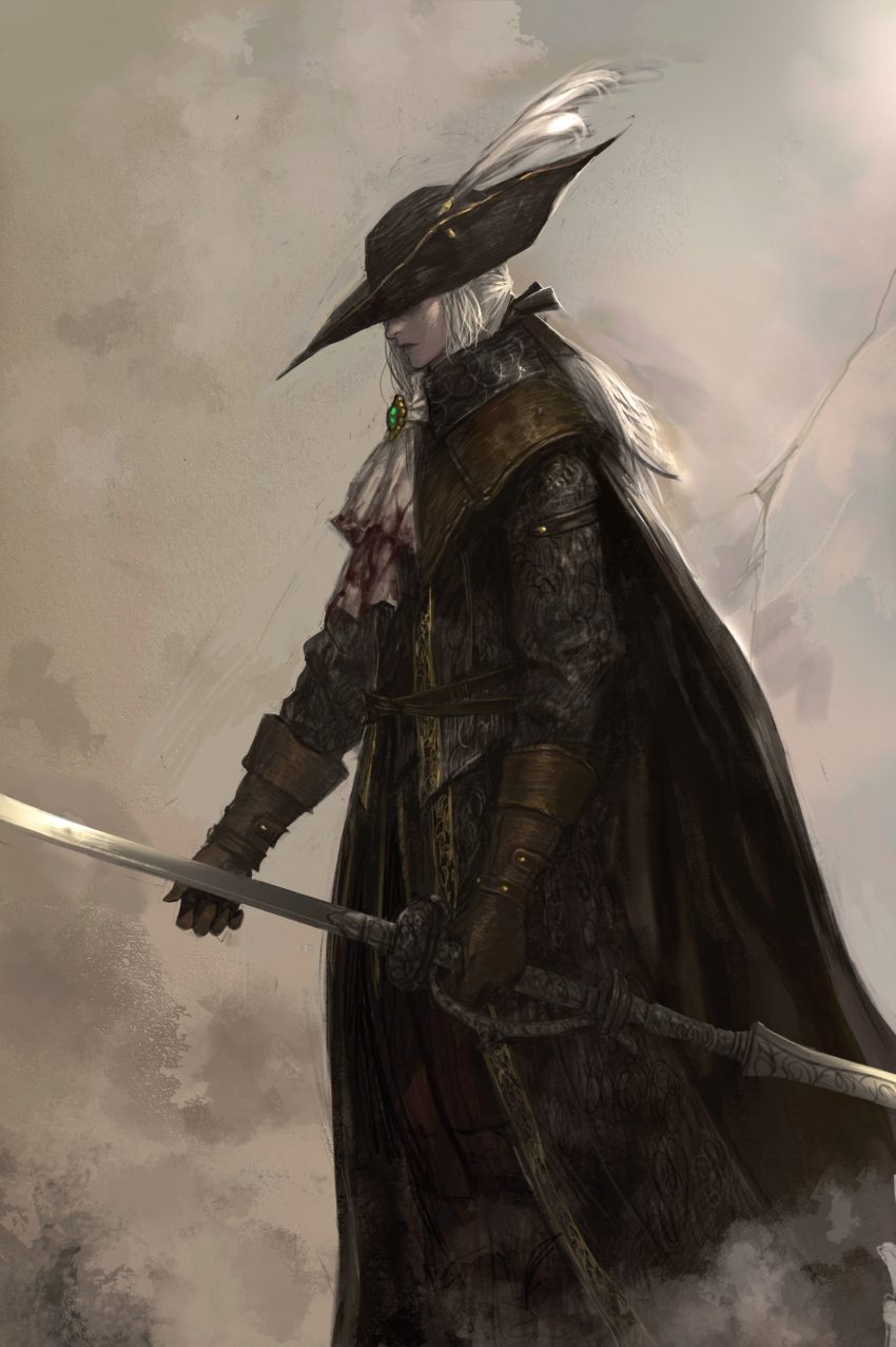 absurdres ascot blood blood_on_clothes blood_stain bloodborne brown_gloves double-blade english_commentary female from_side gem gloves hat hat_feather highres holding holding_weapon junjiuk lady_maria_of_the_astral_clocktower long_hair mixed-language_commentary ponytail profile rakuyo_(bloodborne) solo tricorne weapon white_ascot white_hair