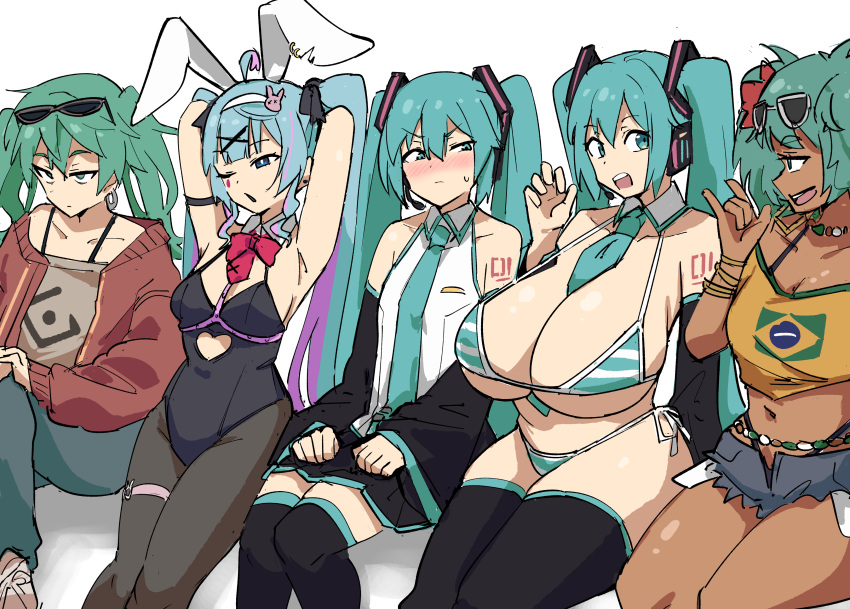 5girls \m/ absurdres ahoge animal_ears aqua_hair arm_tattoo armband arms_behind_head bare_shoulders between_breasts bikini black_leotard black_pantyhose black_skirt black_thighhighs bow bowtie brazilian_flag_print brazilian_miku breast_envy breasts brown_shirt closed_mouth clothing_cutout collared_shirt crossed_legs dark-skinned_female dark_skin detached_collar detached_sleeves earrings fake_animal_ears flat_chest green_hair groin hair_ornament hatsune_miku headset heart_cutout highres huge_breasts jacket jewelry leotard long_hair looking_at_another microphone multicolored_hair multiple_girls multiple_persona navel necklace necktie necktie_between_breasts nose one_eye_closed open_mouth pantyhose rabbit_ears rabbit_hole_(vocaloid) red_jacket shirt short_shorts shorts side-tie_bikini_bottom sitting skirt small_breasts smile streaked_hair string_bikini suna_no_wakusei_(vocaloid) sunglasses sweatdrop swimsuit tattoo teardrop_facial_mark tenten_(chan4545) thigh_strap thighhighs twintails vocaloid white_shirt x_hair_ornament