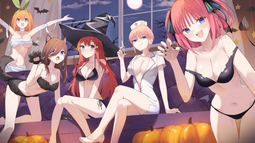 5girls :q animal_costume animal_ears arm_support bandages bikini black_bikini black_hat black_nails blue_eyes blush breasts brown_hair butterfly_hair_ornament chest_sarashi claw_pose cleavage closed_mouth collarbone commentary couch crossed_legs decorations demon_tail dress full_moon fur_bikini go-toubun_no_hanayome green_ribbons hair_between_eyes hair_ornament hair_ribbon hat highres holding holding_syringe long_hair looking_at_viewer low_wings medium_breasts medium_hair mini_wings moon multiple_girls mummy_costume nakano_ichika nakano_itsuki nakano_miku nakano_nino nakano_yotsuba naked_bandage navel night no_bra nurse nurse_cap oerba_yun_fang off-shoulder_bikini off_shoulder on_couch open_mouth orange_hair outstretched_arms pink_hair plunging_neckline profnote pumpkin quintuplets red_eyes ribbon sarashi short_hair short_sleeves siblings side-tie_bikini_bottom sisters sitting smile spread_arms star_(symbol) star_hair_ornament stomach swimsuit syringe tail tongue tongue_out two_side_up underboob white_dress white_footwear window wings witch_hat wolf_costume wolf_ears wolf_tail