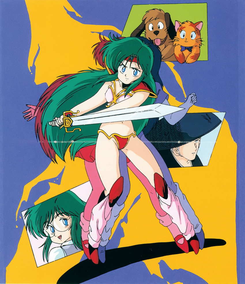 1980s_(style) 1boy 2girls absurdres ajirogasa alpha_(dream_hunter_rem) animal_collar anime_coloring ankle_socks aqua_eyes aqua_sclera armor artist_request ayanokouji_rem bare_arms beta_(dream_hunter_rem) bikini bikini_armor black_collar black_kimono blue_background blue_hat bow bowtie bracer brown_dog brown_fur canine closed_mouth collar collared_shirt colored_sclera crease detached_collar diadem dream_hunter_rem dual_persona english_commentary enkou_(dream_hunter_rem) eyelashes feline fluffy full_body glass grey_hair hat highres holding holding_sword holding_weapon japanese_clothes kimono kitten knee_armor leg_warmers long_hair looking_at_viewer mary_janes miniskirt monk multiple_girls navel official_art open_mouth orange_cat orange_fur pauldrons pink_bikini pink_leg_warmers projected_inset puppy purple_bow purple_bowtie purple_collar purple_vest red_armor red_bikini red_footwear retro_artstyle rimless_eyewear round_eyewear scan scan_artifacts shadow shirt shoes shoulder_armor simple_background skirt socks straight_hair straw_hat swimsuit sword third-party_source tongue twisted_torso two-tone_background undershirt upper_body very_long_hair vest weapon white_collar white_shirt white_sleeves white_undershirt wing_collar