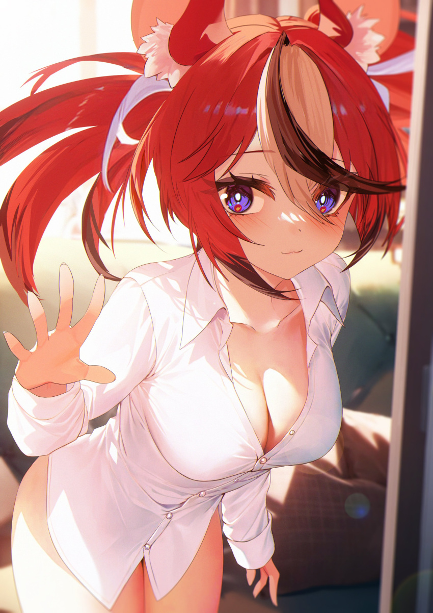 absurdres animal_ear_fluff animal_ears black_hair blue_eyes blush breasts cleavage closed_mouth female hakos_baelz hashtag-only_commentary highres hololive hololive_english jiang_ye_kiri large_breasts long_hair looking_at_viewer mouse_ears mouse_girl mouse_tail multicolored_hair red_hair shirt smile solo streaked_hair tail thighs twintails white_hair white_shirt