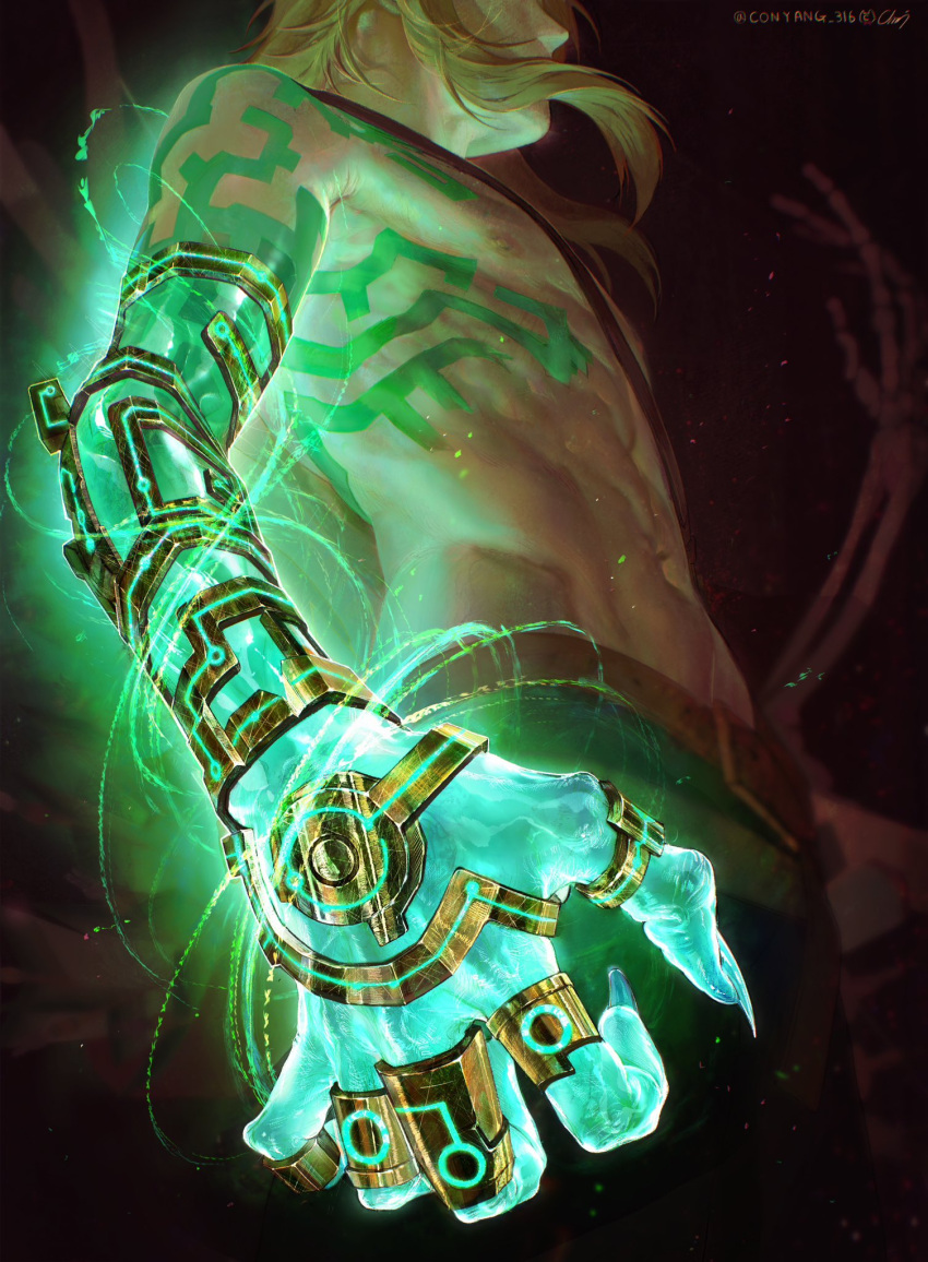 1boy abs belt blonde_hair blurry blurry_background body_markings conyang_316 covered_mouth fingernails floating_hair from_below glowing green_theme hand_focus head_out_of_frame highres link long_hair male_focus navel nipples pants sharp_fingernails signature skeletal_arm solo the_legend_of_zelda the_legend_of_zelda:_tears_of_the_kingdom topless_male twitter_username