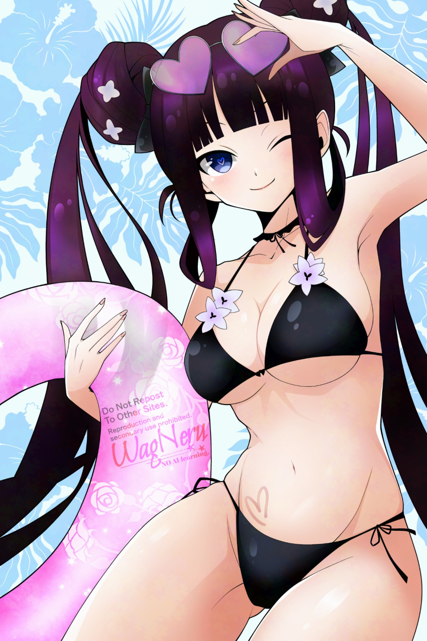 bikini black_bikini blue_eyes blush breasts choker cleavage collarbone double_bun eyewear_on_head fate/grand_order fate_(series) female hair_bun heart heart-shaped_eyewear highres innertube large_breasts long_hair looking_at_viewer navel one_eye_closed purple-tinted_eyewear purple_hair sidelocks smile solo sunglasses swim_ring swimsuit tinted_eyewear twintails very_long_hair wagu_neru yang_guifei_(fate) yang_guifei_(honey_lake)_(fate)