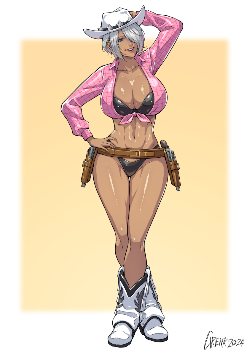 2024 abs absurdres alternate_costume angel_(kof) artist_name blue_eyes boots breasts cirenk cleavage commentary cowboy_boots cowboy_hat dark-skinned_female dark_skin female full_body hair_over_one_eye hat highres holster large_breasts lips midriff muscular muscular_female navel panties short_hair simple_background smile solo standing star_(symbol) the_king_of_fighters thighs toned toned_female underwear white_hair