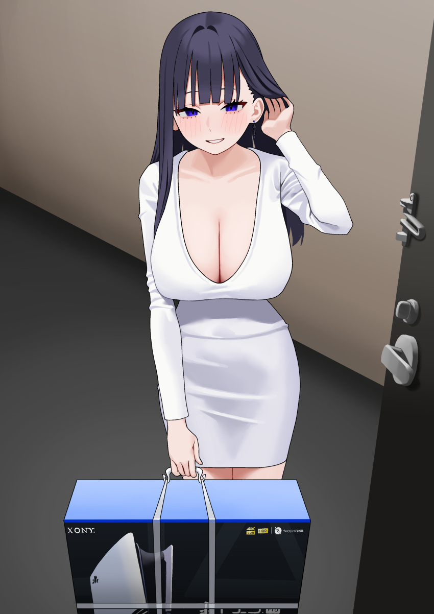 absurdres black_hair blunt_bangs box brand_name_imitation breasts cleavage collarbone commentary_request dongtan_dress door doorknob dress earrings female fffukuzawa game_console grin hand_up highres holding holding_box jewelry large_breasts long_hair long_sleeves meme_attire open_door original playstation_5 purple_eyes smile solo tucking_hair white_dress