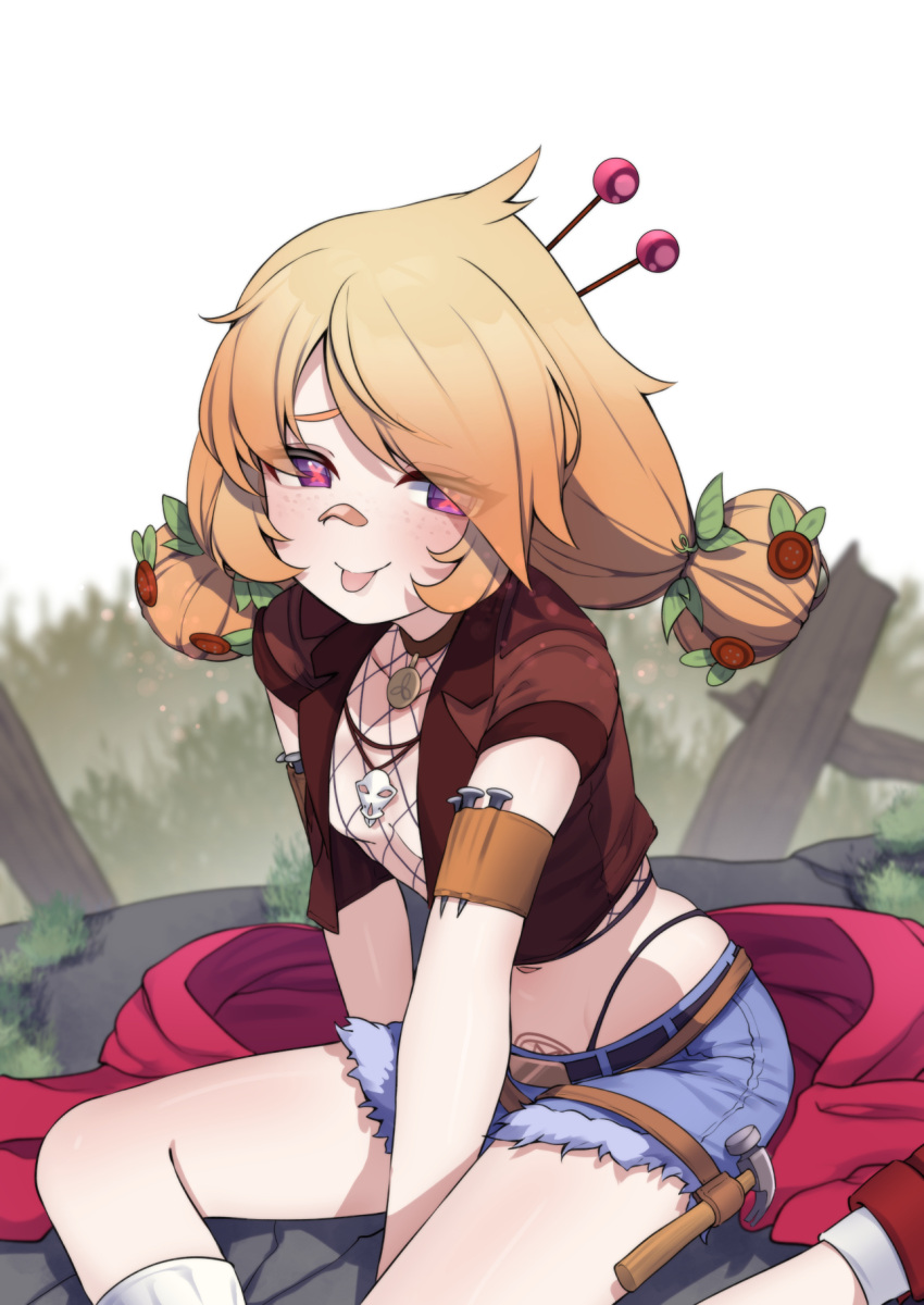 :p bandaid bandaid_on_face bandaid_on_nose blue_shorts breasts brown_choker brown_vest button_hair_ornament choker commission cropped_vest double_bun female fishnet_top fishnets freckles hair_bun hammer highres immy_bisou jewelry long_hair looking_at_viewer midriff nail_(hardware) navel necklace no_bra open_clothes open_vest orange_hair outdoors panty_straps pentagram_tattoo pink_pupils pubic_tattoo purple_eyes red_footwear short_shorts shorts sitting skull_necklace small_breasts smile solo symbol-shaped_pupils tattoo tongue tongue_out valefal_coneri vallure vest vgen_commission virtual_youtuber x-shaped_pupils