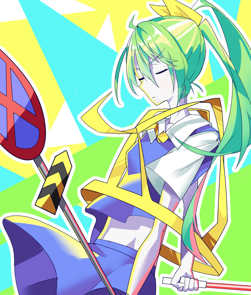 absurdres blue_background blue_skirt blue_vest bow closed_eyes closed_mouth colored_skin cookie_(touhou) cowboy_shot daiyousei diyusi_(cookie) female frown green_background green_hair hairbow high-visibility_clothing high-visibility_vest high_ponytail highres long_hair multicolored_background nekokatana_catana no_stopping_sign outline road_sign sign skirt skirt_set solo touhou traffic_baton v-shaped_eyebrows vest white_outline white_skin yellow_background yellow_bow