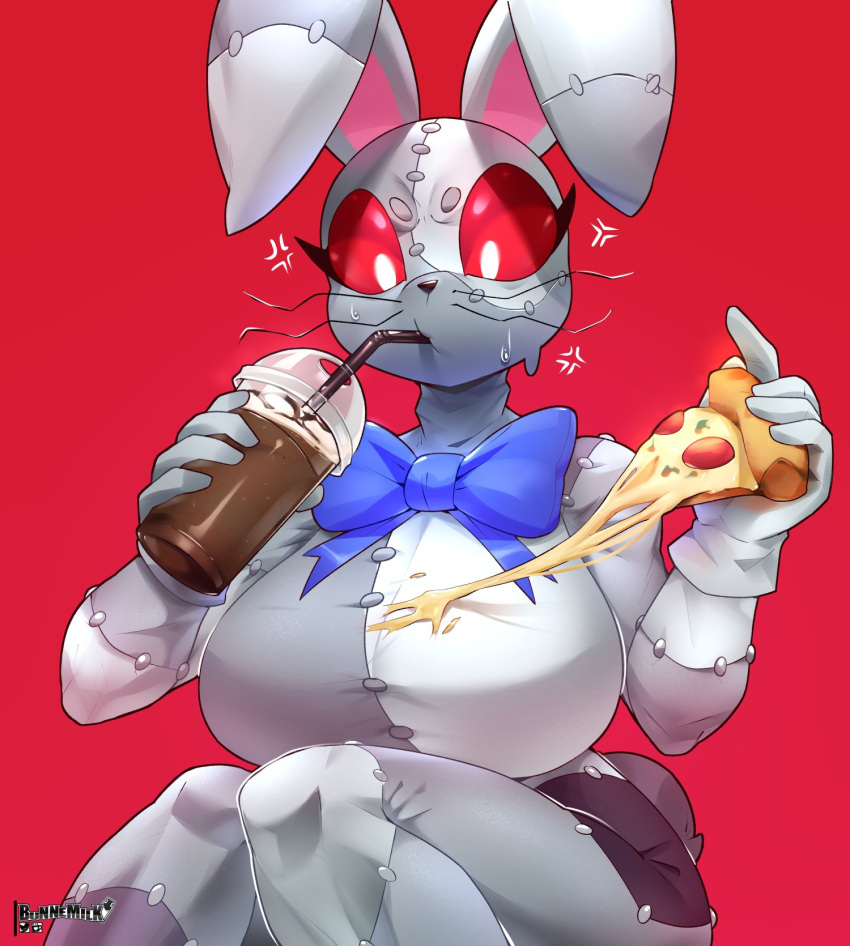 anthro bent_whiskers beverage big_breasts bow_(feature) breasts bunnemilk container cross-popping_vein cup digital_media_(artwork) drinking fabric_creature female five_nights_at_freddy's food food_on_breasts frustrated hi_res holding_container holding_cup holding_food holding_object lagomorph leporid looking_down mammal milkshake pizza rabbit red_sclera scottgames sitting solo stitch_(sewing) vanny_(fnaf) white_eyes