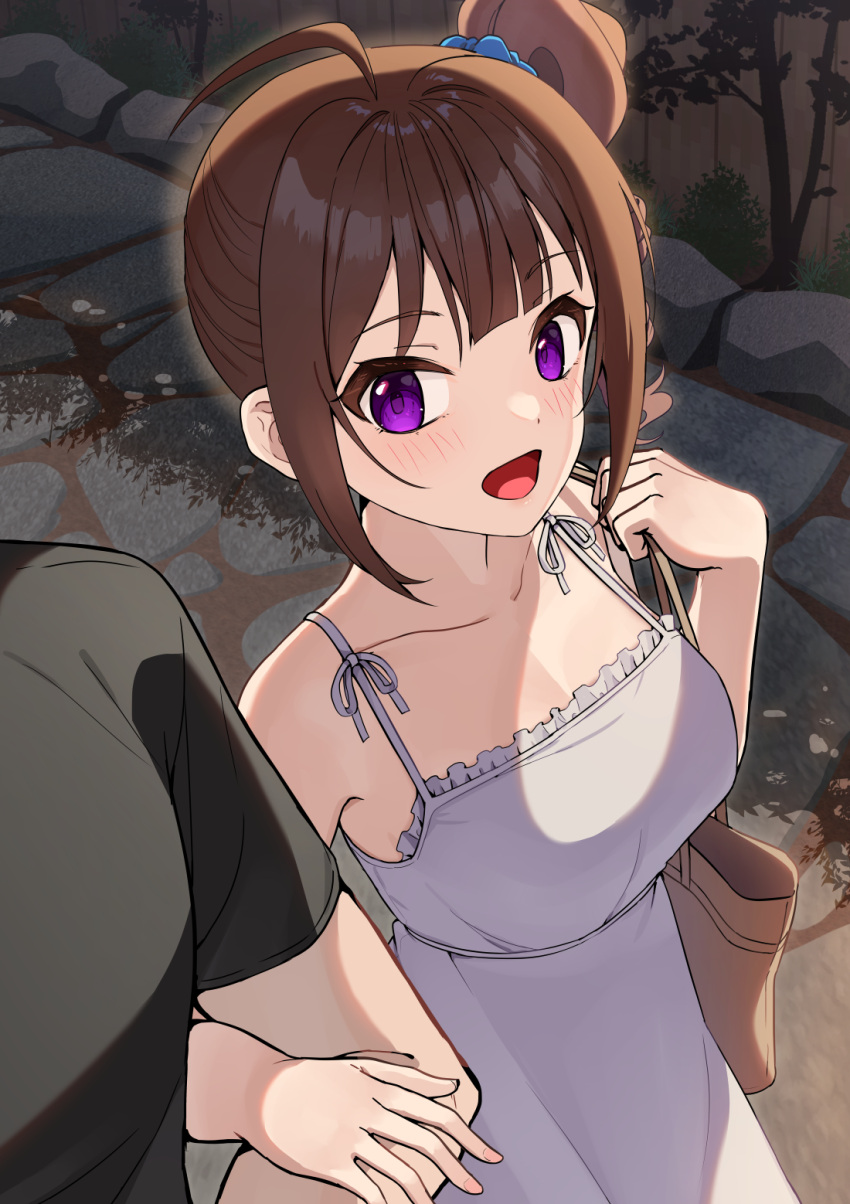 1boy ahoge black_shirt blush breasts brown_bag brown_hair collarbone commentary dress female highres idolmaster idolmaster_million_live! kamille_(vcx68) locked_arms medium_breasts out_of_frame outdoors purple_eyes shirt side_ponytail sleeveless sleeveless_dress smile solo_focus straight white_dress yokoyama_nao