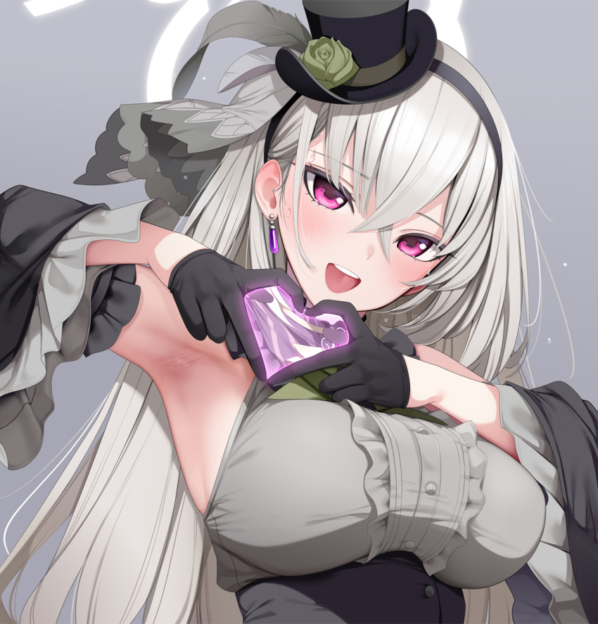 4-finger_heart_hands bare_shoulders black_gloves black_hat black_skirt blue_archive blush breasts crossed_bangs detached_sleeves dress earrings fed_(giba) female gloves grey_dress grey_hair hair_ribbon hairband halo hat heart heart_hands highres jewelry large_breasts long_hair looking_at_viewer open_mouth purple_eyes ribbon sakurako_(blue_archive) sakurako_(idol)_(blue_archive) skirt smile solo top_hat wide_sleeves