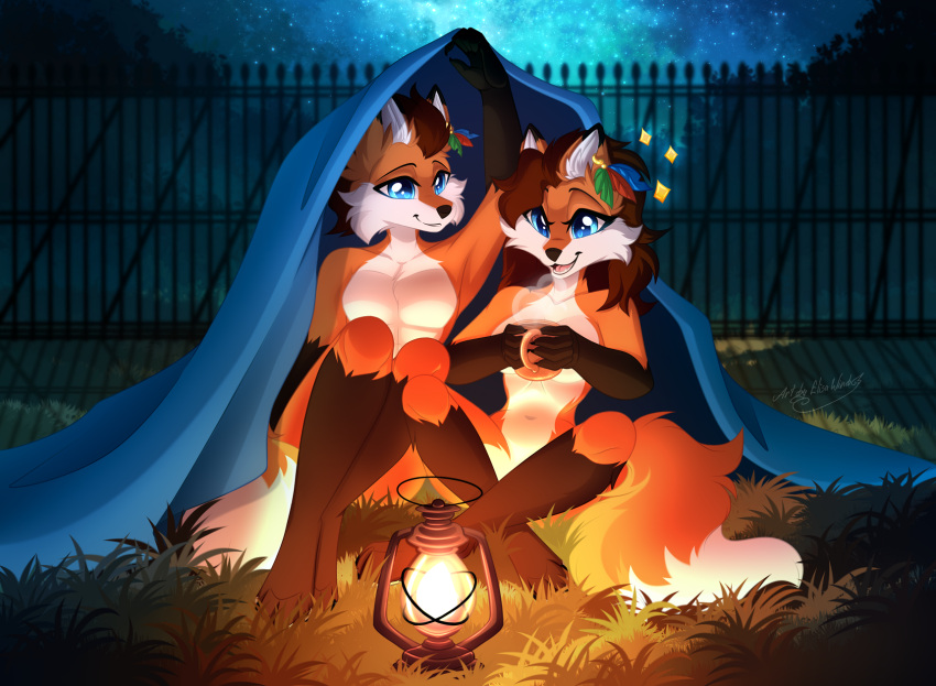 anthro bedding beverage black_body black_fur blanket blue_eyes breasts brown_hair canid canine casual_nudity container convenient_censorship crossed_legs cup detailed_background digital_media_(artwork) duo ear_piercing ear_ring elisawind feather_ear_ring female fence fluffy fluffy_tail fox front_view fur grass hair happy hi_res holding_beverage holding_object hot_beverage lamp lantern male mammal mug navel night nude on_grass orange_body orange_fur outdoor_nudity outside piercing plant red_fox ring_piercing samantha_(syronck01) samuel_(syronck01) signature sitting sky smile sparkles star starry_sky tail true_fox under_covers white_body white_fur