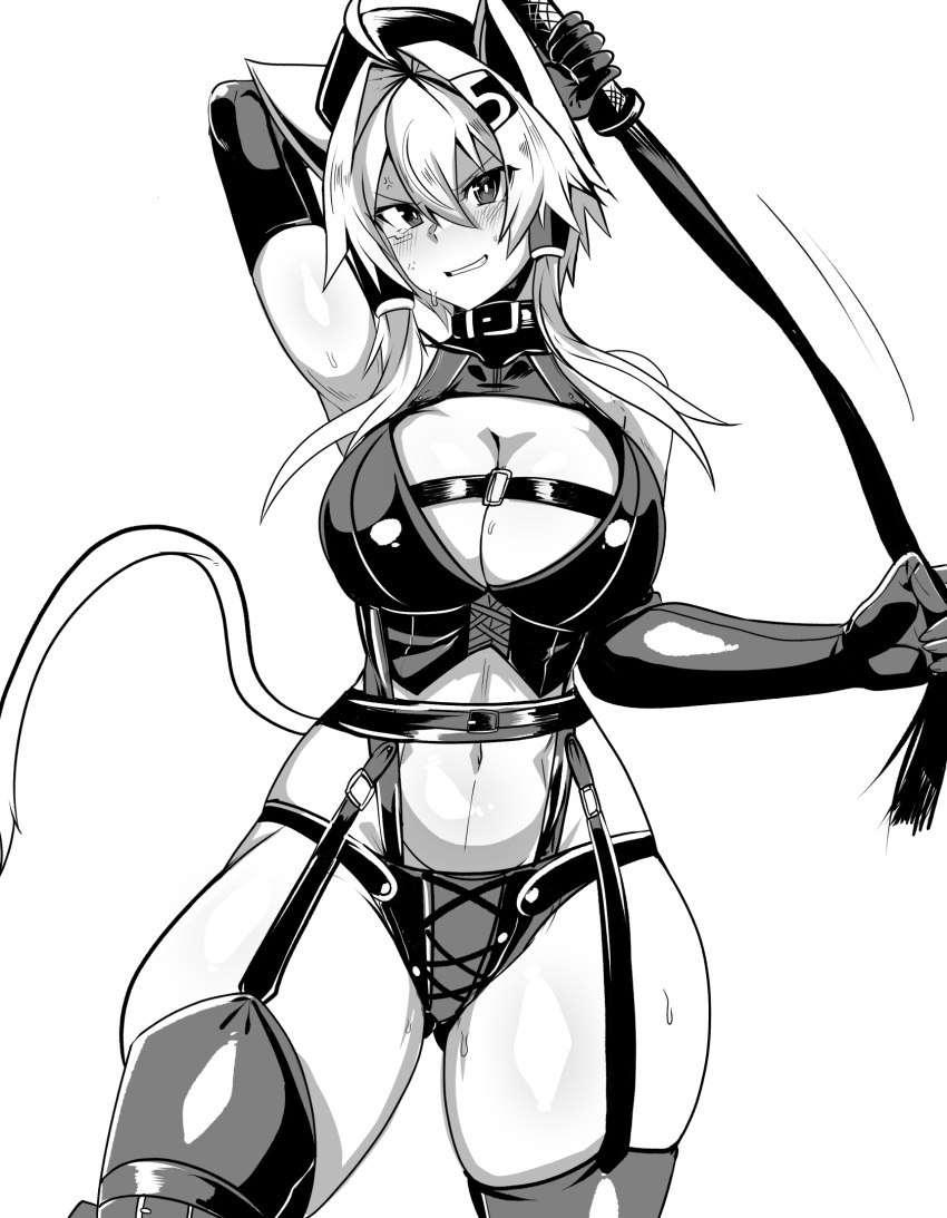 anger_vein animal_ears arm_behind_back arm_up bare_shoulders belt_collar blush bondage_outfit breasts cat_ears cat_girl cat_tail check_clothing cleavage cleavage_cutout clothing_cutout clothing_request collar commentary_request crop_top dominatrix elbow_gloves female garter_straps gloves greyscale hair_tubes highres holding holding_whip large_breasts latex looking_at_viewer medium_hair monochrome navel number_hair_ornament omurice_(green_solenoid) panties risakiriki sakiko_yarimura_(risakiriki) simple_background skindentation smile solo standing stomach sweat tail thick_thighs thighhighs thighs underwear very_sweaty white_background