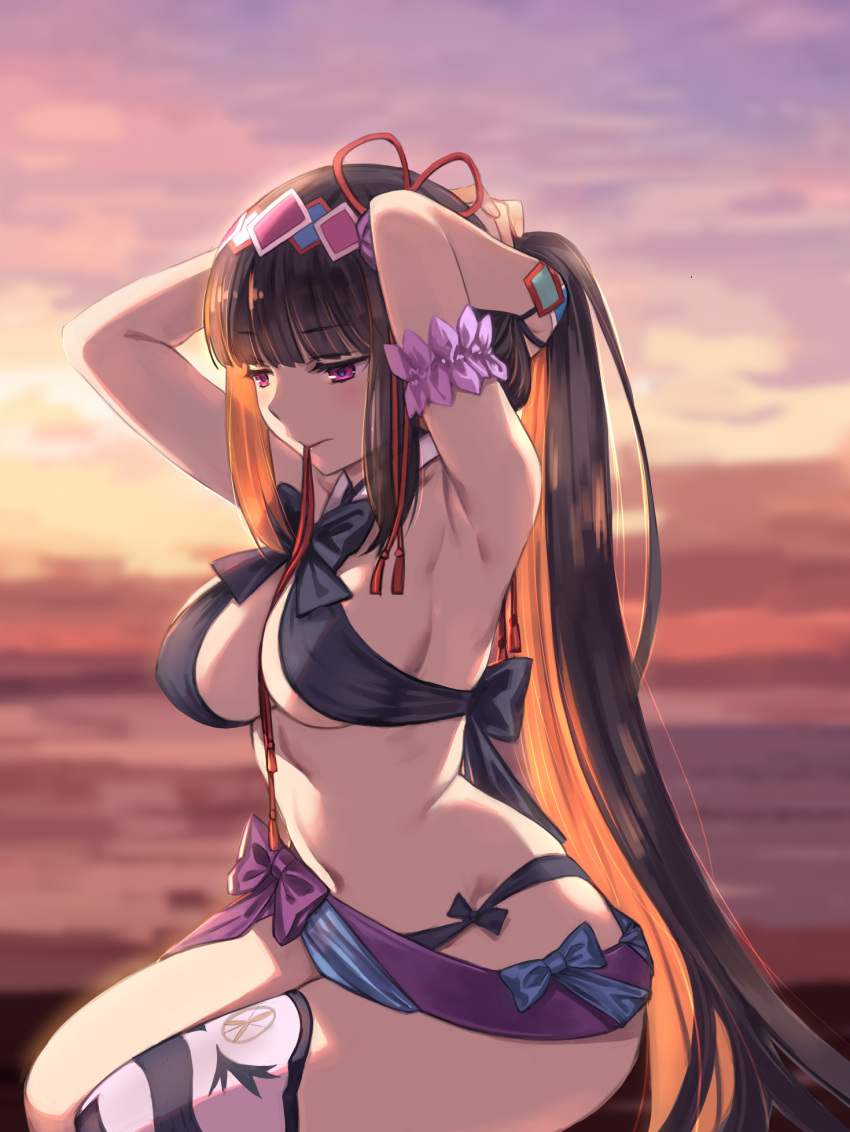 arm_garter armpits arms_up bare_shoulders beach bikini black_bikini blush breasts brown_hair cleavage fate/grand_order fate_(series) female flower gradient_sky hair_flower hair_ornament hairband halterneck highres large_breasts long_hair moriyama_daisuke mouth_hold orange_sky osakabehime_(fate) osakabehime_(swimsuit_archer)_(fate) osakabehime_(swimsuit_archer)_(third_ascension)_(fate) ponytail purple_eyes sash sidelocks single_thighhigh sky swimsuit thighhighs thighs twilight tying_hair very_long_hair white_thighhighs