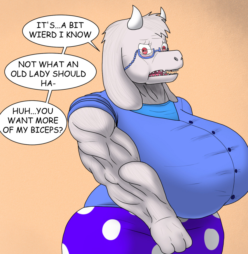 age_difference alythewolfcat anthro biceps big_breasts boss_monster_(undertale) bovid breasts caprine clothed clothing english_text eyewear female glasses goat hi_res huge_breasts mammal muscular muscular_female older_female solo text toriel undertale_(series) wearing_glasses wide_hips