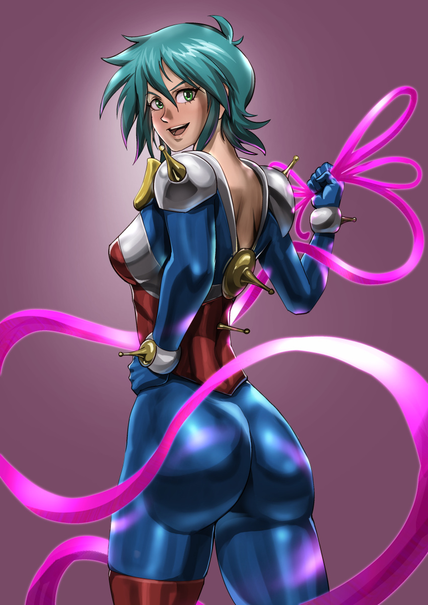 absurdres allenby_beardsley aqua_hair ass beam_ribbon blue_bodysuit blush bodysuit breasts female from_behind g_gundam green_eyes gundam hand_on_own_hip highres looking_at_viewer looking_back mecha_pilot_suit medium_breasts mobile_trace_suit multicolored_bodysuit multicolored_clothes open_mouth porukima shiny_clothes short_hair skin_tight smile solo standing