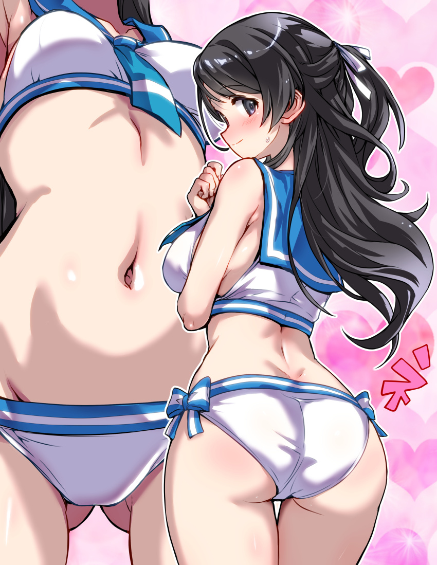 absurdres alternate_costume armpits ass ass_visible_through_thighs black_hair blush breasts close-up dimples_of_venus female groin half_updo hashtag-only_commentary heart heart_background highres hirowa_nagi idolmaster idolmaster_cinderella_girls kurihara_nene linea_alba long_hair looking_at_viewer looking_back median_furrow medium_breasts multiple_views navel outline sailor_bikini sailor_collar sailor_swimsuit_(idolmaster) smile stomach stomach_day sweatdrop thigh_gap very_long_hair white_outline